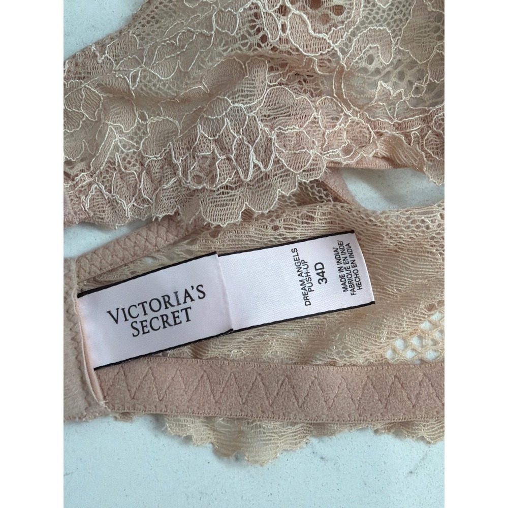 Victorias Secret Dream Angels Push-Up Bra 34D Pink Lace Trim Padded Underwire